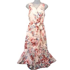 Eliza J Wrap Midi Dress Womens 8 Pink Floral Ruffle Hem Sleeveless Romantic Boho